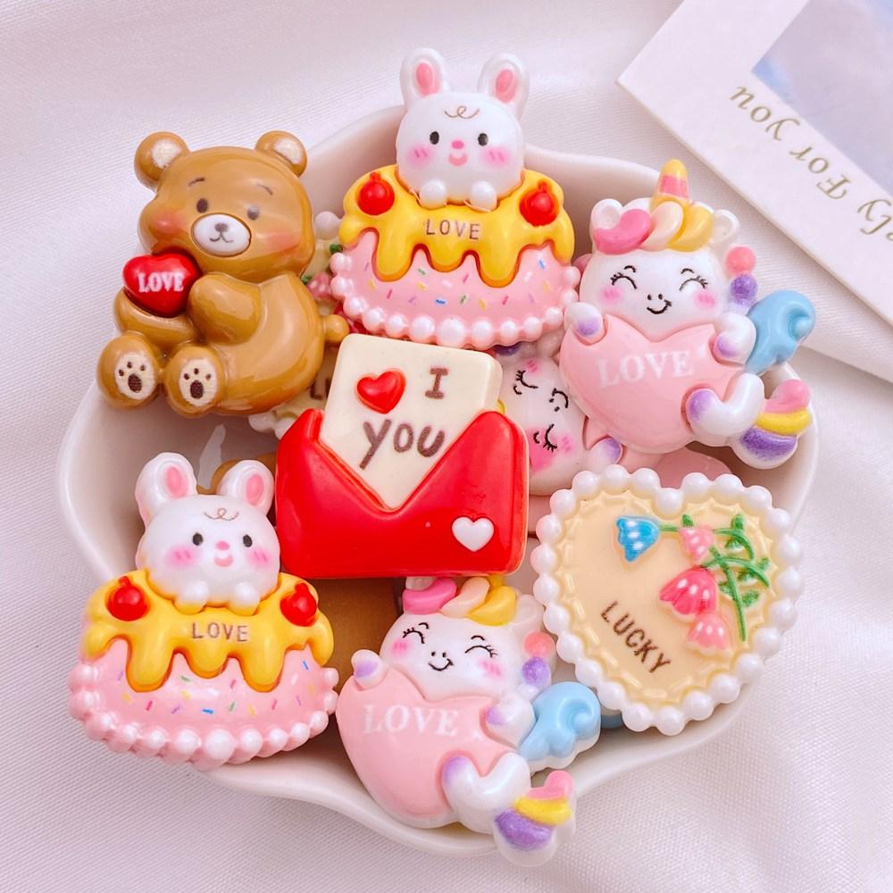 10Pcs New Cute Resin Cartoon Bear Unicorn Rabbit Cake Series Flat Back Manicure Parts Embellishments For Hair Bows Accessories