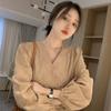 Fashion A-Line Women Blouse V-Neck Drawstring Waist Long Sleeve Shirt Lady Elegant Spring Tops