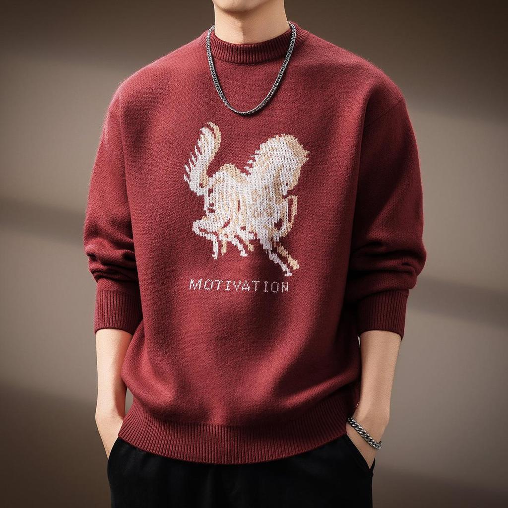 Men's Zodiac Year Horse Print Retro Knit Sweater