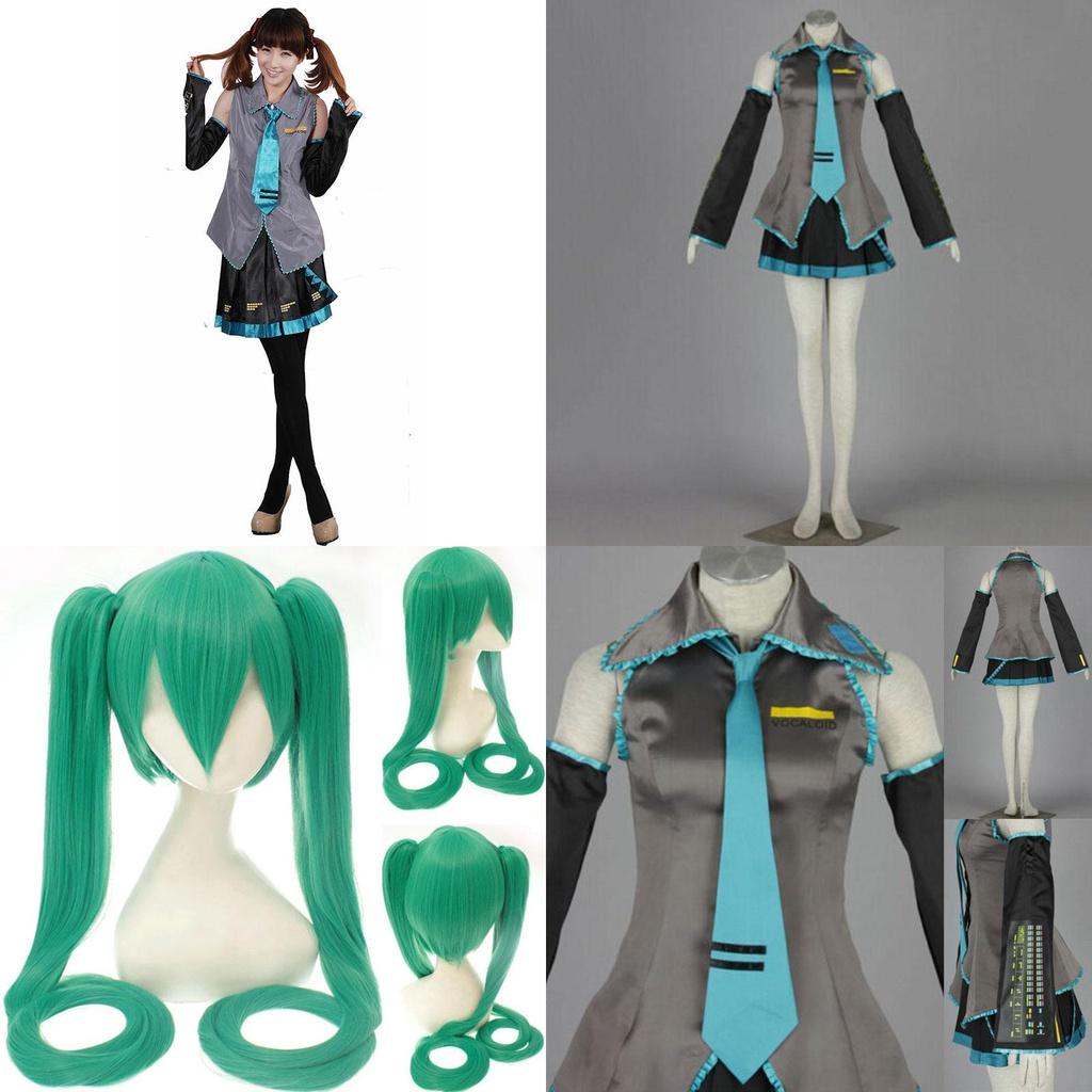 Breathable Hatsune Miku Vocaloid Cosplay Costume With Wig Tops Dress And Tie