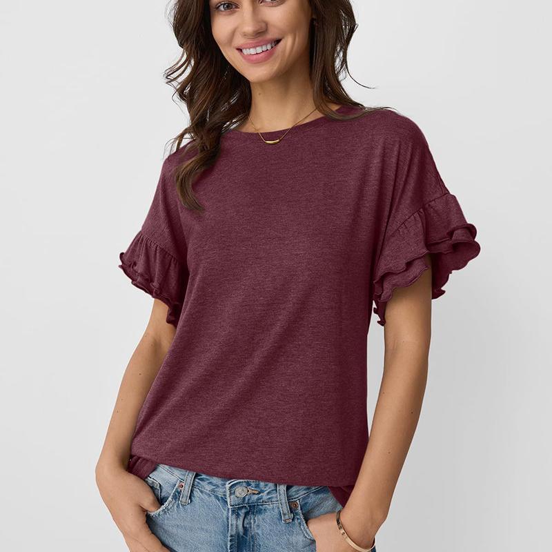 Damen Sommer Rüschen Kurzarm O-Ausschnitt Einfarbig Pullover T-Shirt Top