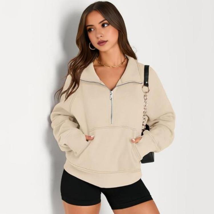 Thick Fall Winter Sweatshirt Casual Sport Top Loose Elastic Cuff Long Sleeves Half Zipper Turn Down Collar Big Pocket Pure Color Daily Wear