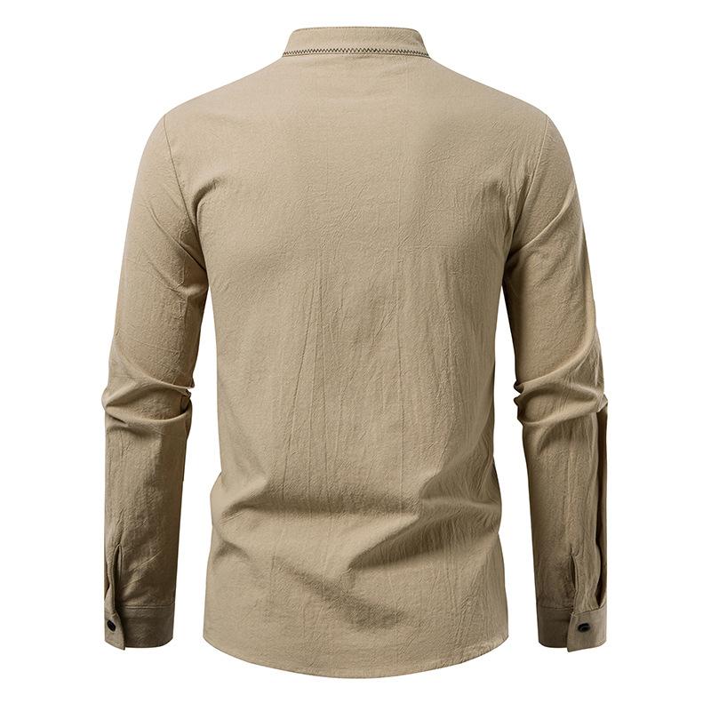 Men's Lace-Up Stand Collar Long Sleeve Shirt Casual Retro Top for Men Spring Autumn Fashion Multi-Color Male Blouse