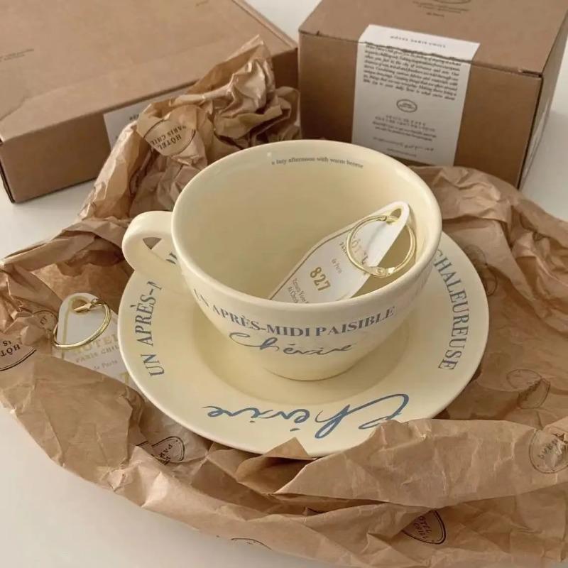 Korean Instagram's Same Retro French Cream Colored Coffee Cup and Plate Breakfast Cup Ceramic Dining Plate 350ml