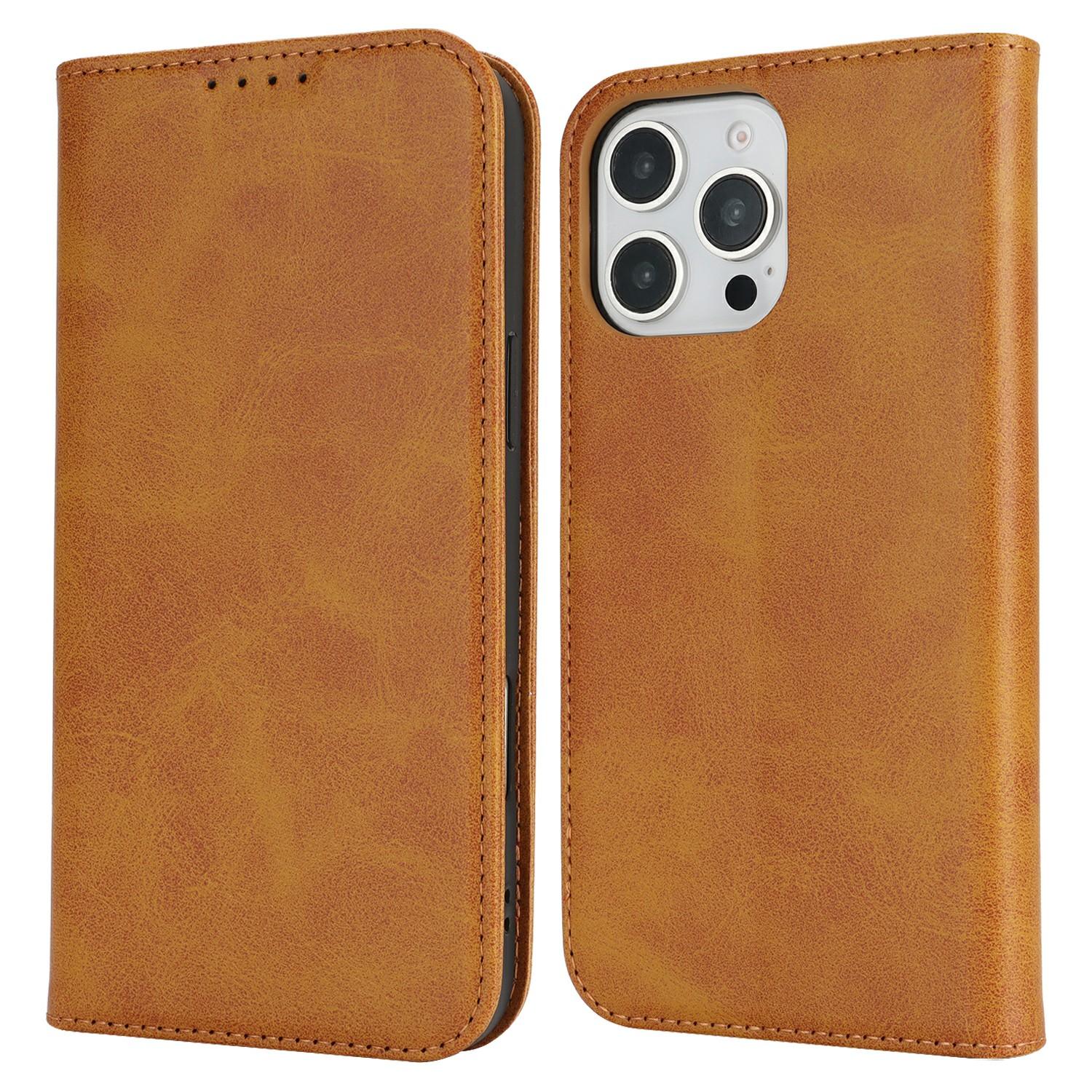

For iPhone 16 Pro Case PU Leather Calf Textured Magnetic Closing Smart Phone Cover Light Brown