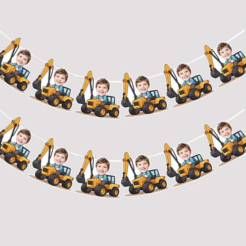 6Pcs/12pcs Birthday Customizable Portrait Digger Tractor Hard hat Pattern Banner Children Birthday Parties Cute Banner Decor
