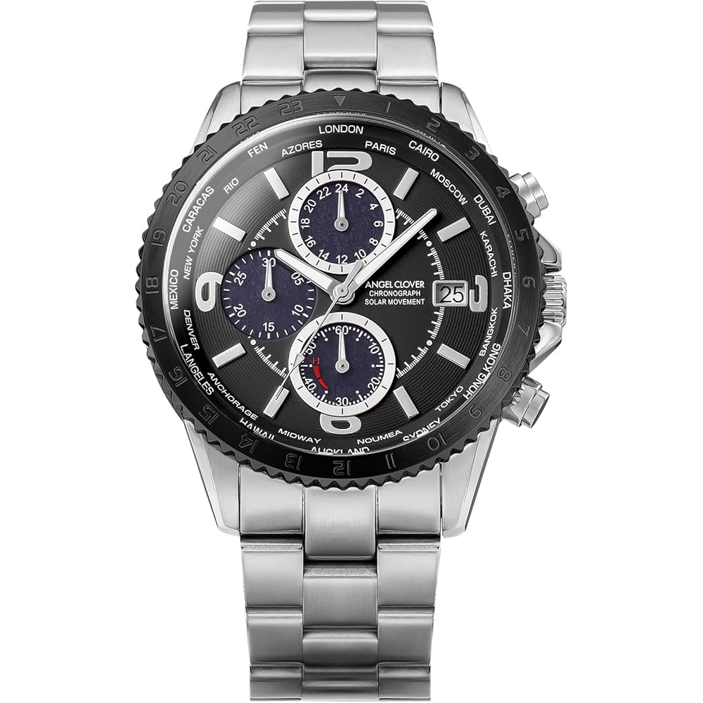 

AngelClover Men s Watch, MONDO SOLAR NMOS44SBBK, Solar Battery, 100m Water Resistance, Mineral Glass, Black Dial, Stainless Steel