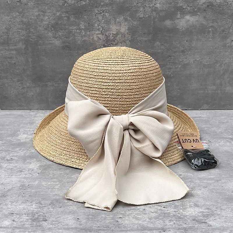 Lafite Bucket Hat Women'S Summer Hepburn Style Straw Hat Curled Brim Big Brim Bow Streamer Basin Hat Travel Visor