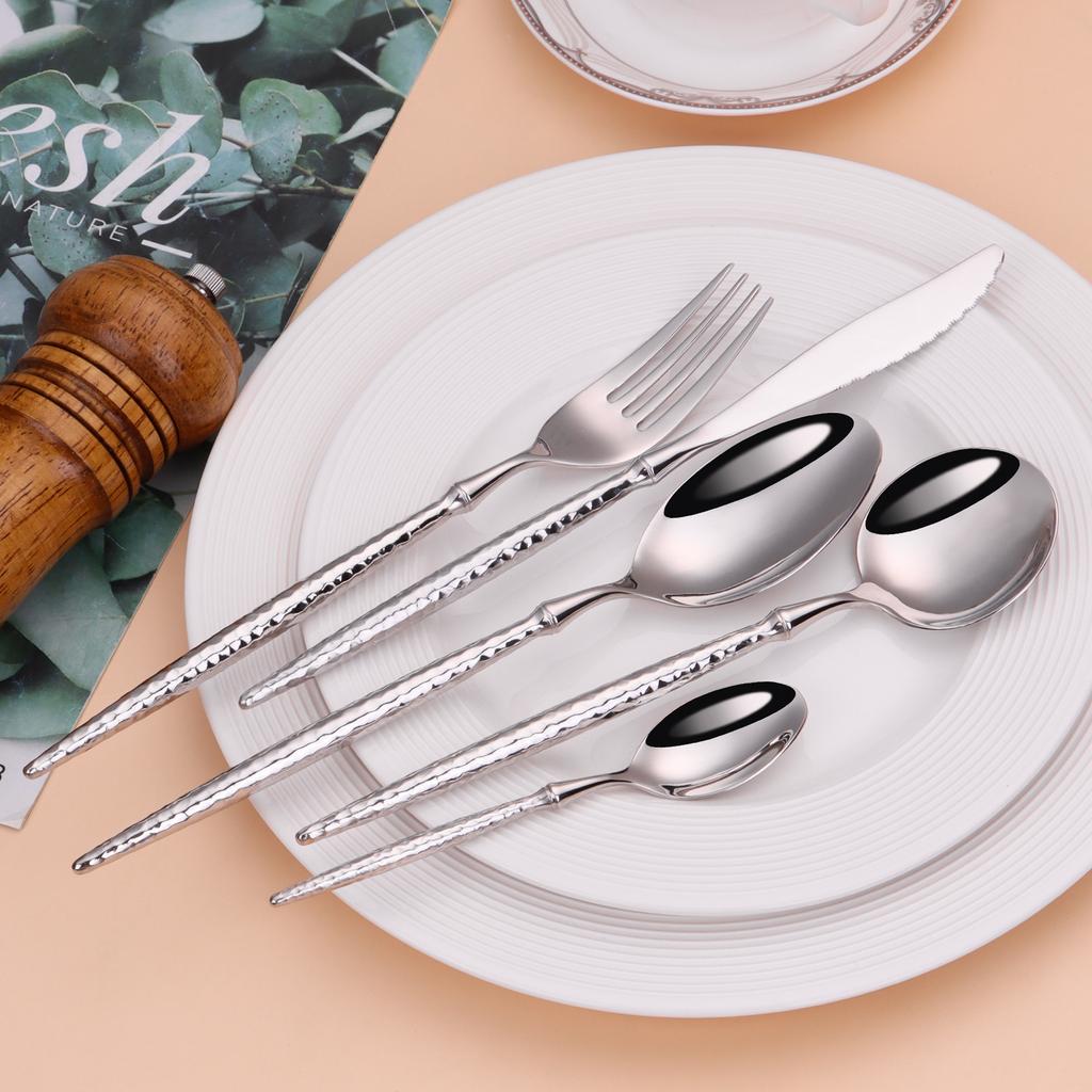 24/30/36Pcs Gold Cutlery Stainless Steel Sliver Tableware Set Hammer Pattern Handle Dinner Set Mirror Western Knife Spoon Fork