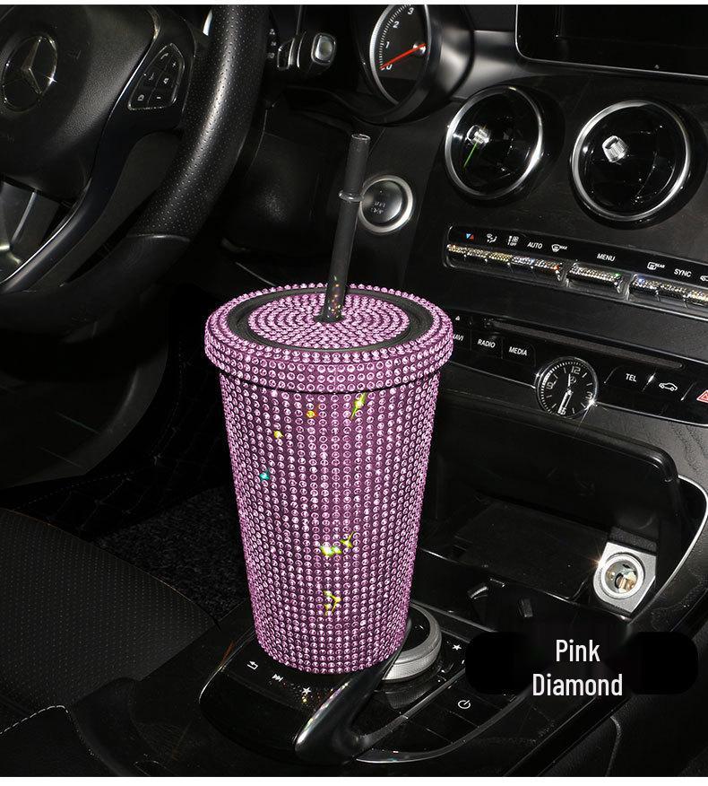 Cană nouă de băut la modă cu strasuri strălucitoare, cu capac și pai, 550ml