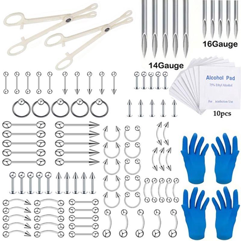European & American Titanium Steel Piercing Tool Set: Lip Stud, Horseshoe Nose Ring & Stud