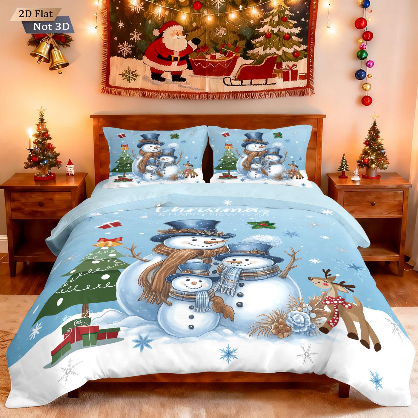 

3Pcs Christmas Cartoon Snowman Print Coreless Duvet Set Multi Size Bedroom Dormitory Bedding Holiday Decoration Machine Washable 135x200cm-EU-Single&set