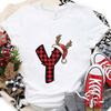 Christmas Alphabet AZ Letter Print Womens Tshirt Santa Graphic Casual Holiday Fashion Top Xmas Party Tees shirt for Women