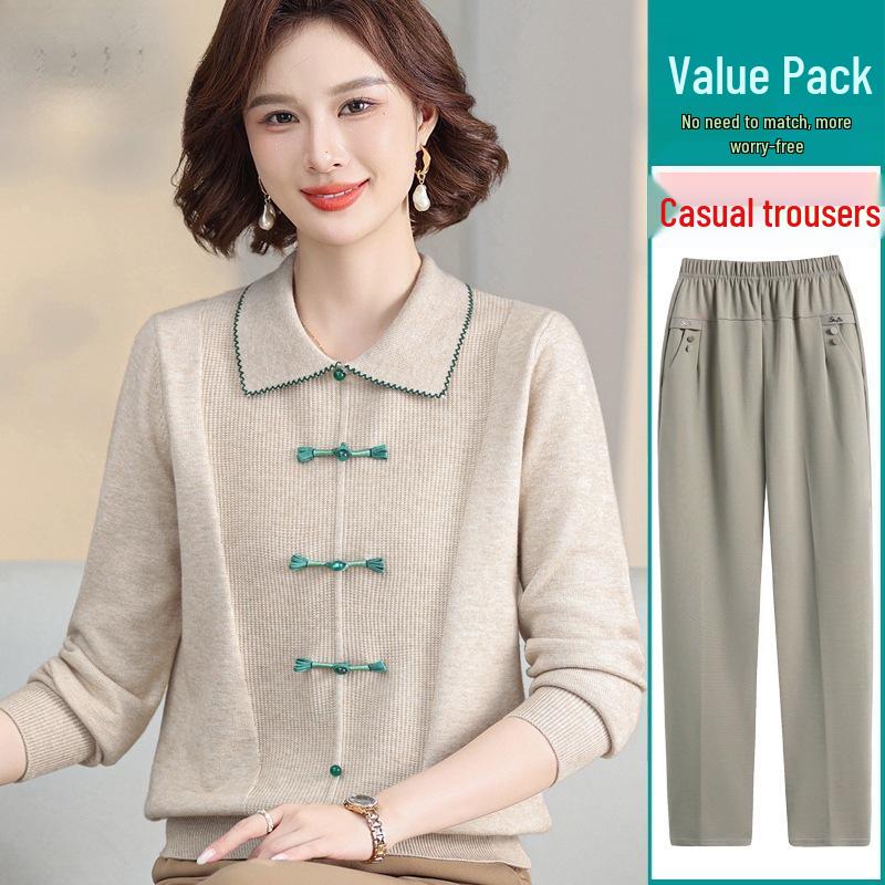 Elegant Autumn Knit Top & Sweater Set for Middle-Aged and Elderly Women