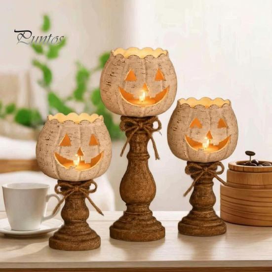 Rustic Pumpkin Statue for Entryway White Tealight Candle Holder Set, Farmhouse Halloween Tea Light Harvest Theme Home Decorations Holders Decor, Fall