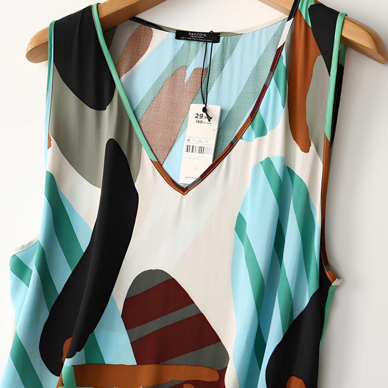 Foreign Trade Export Hem Split Print Cotton Silk Vest Skirt Summer Thin V-neck Artificial Cotton Beach Skirt Long Dress