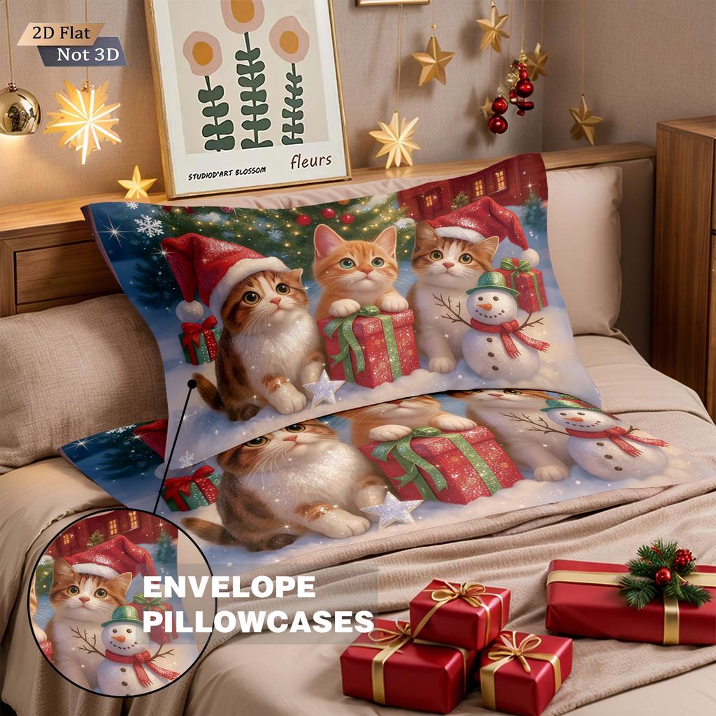 3pcs Merry Christmas Kitten Print Coreless Bedding Set Multiple Sizes Comfortable Bedrooms Bedding Decoration Machine Washable