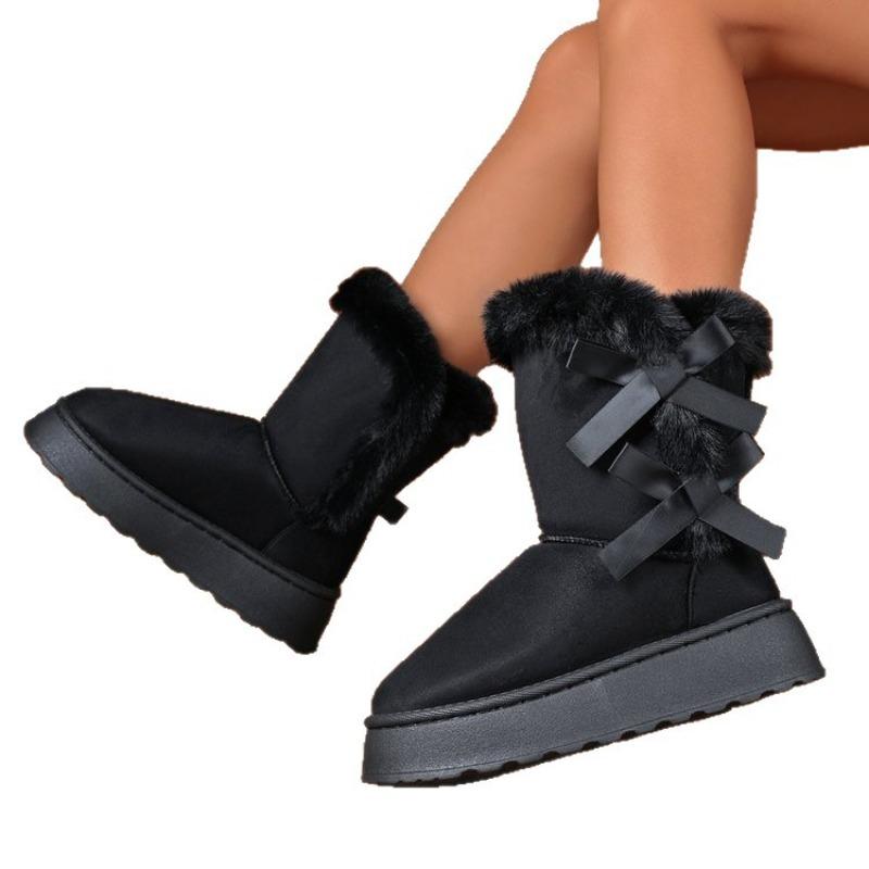 Women's Plus Size Side Bow Thick Platform Ankle Snow Boots Euro-American Fashion Versatile Casual New Autumn Winter