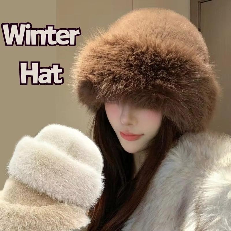 New Fluffy Fur Winter Hat Plush Solid Color Fisherman Hat Cold Windproof Thicken Bucket Hat for Women Girls