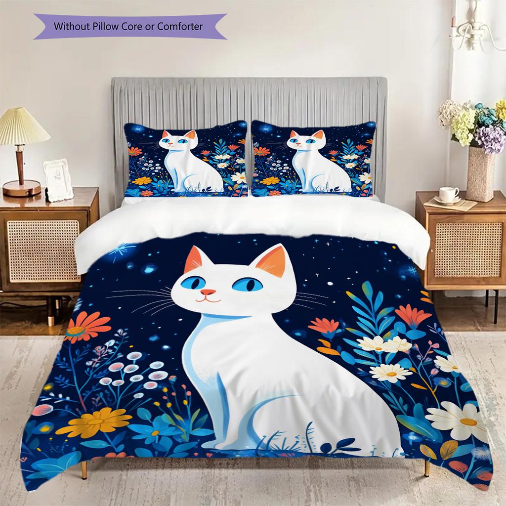 Weißes Katzenmuster Bettwäsche Steppdecke Set Deckenbezug Kissenbezug Heimdekoration Geburtstagsgeschenk (1 Bettbezug + 2 Kissenbezüge, ohne Füllung)