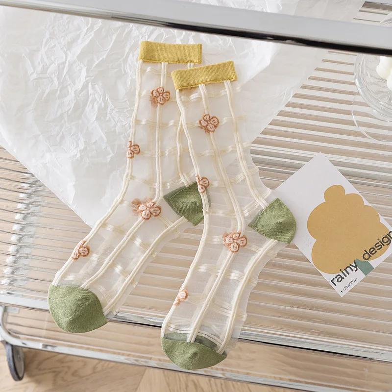 See Through Transparent Nylon Long Socks Women Summer Ultra-thin Breathable Crystal Silk Socks Embroidery Floral Cute Lace Socks