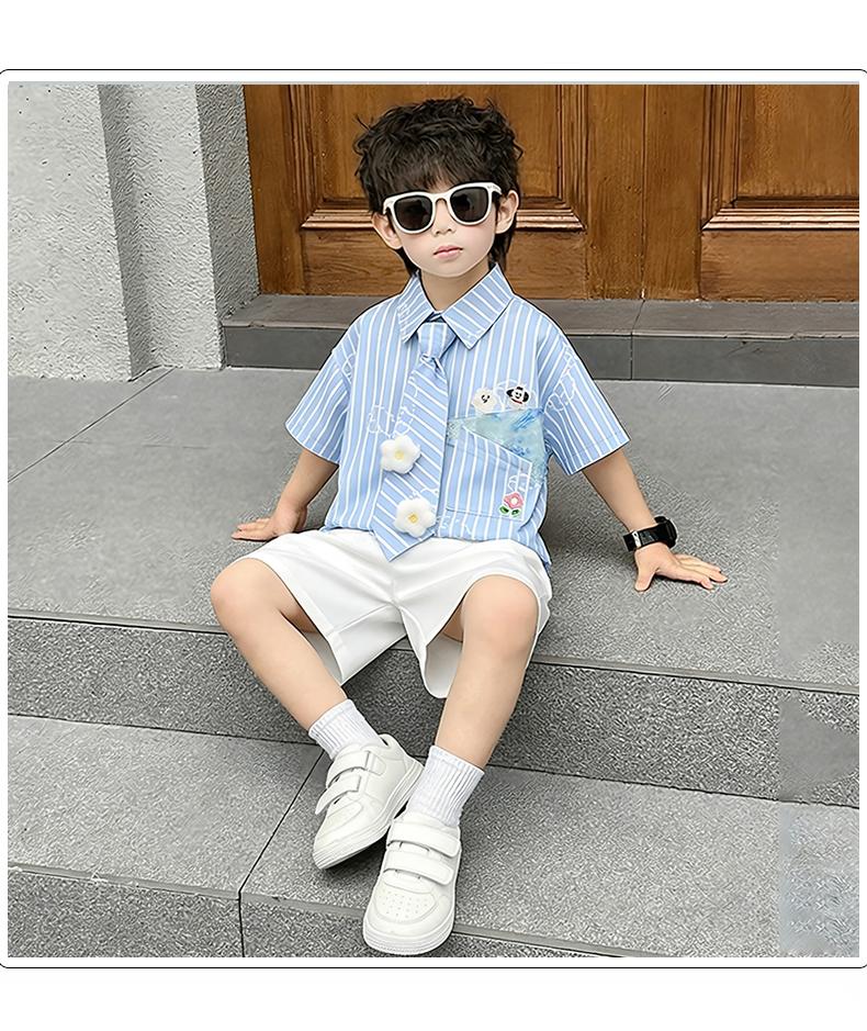 Children's Summer Short sleeved Shirt 2026, Boys' Blue Thin Shirt Set, Baby Boys' Summer Clothing, Children's Clothing Trend