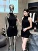 Elegant Korean Style Halter Sleeveless Knit Dress with Lace Open Back and Hip-Exposed Short Skirt