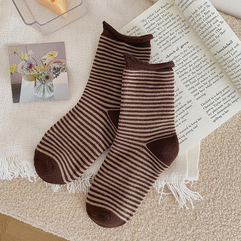 

Женские зимние толстые шерстяные полосатые носки-трубы из хлопка с впитывающим пот материалом 1 pair темный кофе