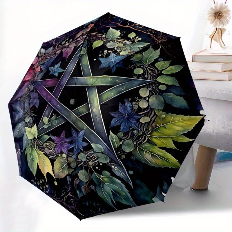 1pc Pentagram Surrounded by Lush Colorful Leaves and Vines Automatic Opening and Closing Umbrella - Lightweight 3-Fold Design, Suitable for Fans, Trav