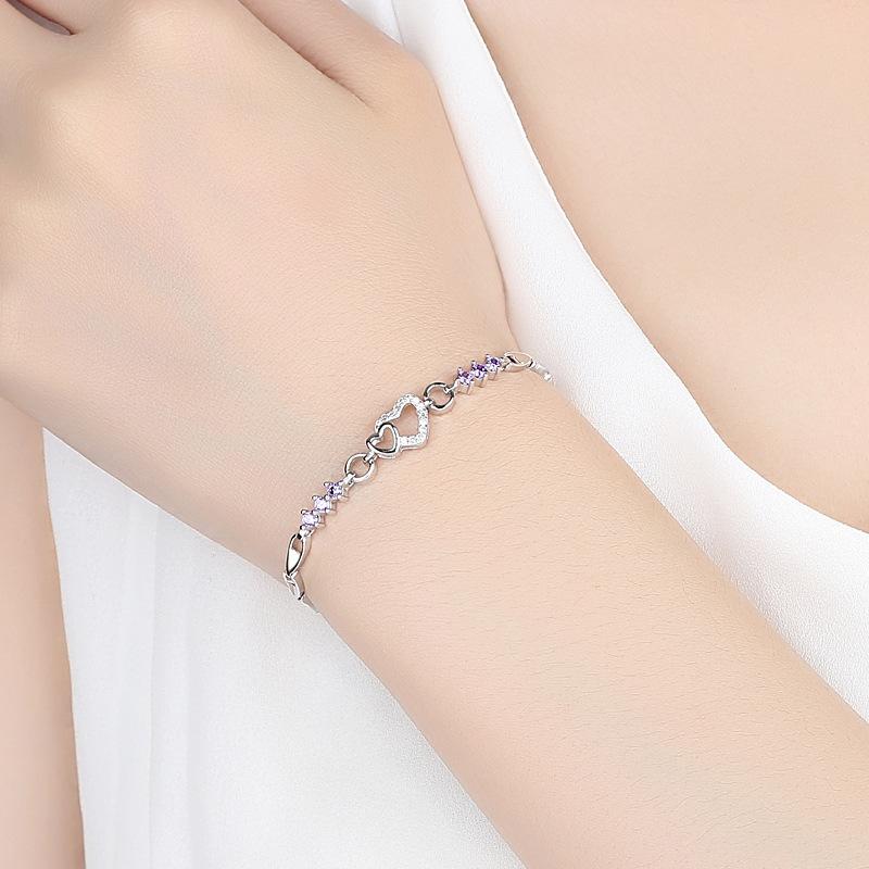 925 Silver Plated Heart Bracelet for Women with Zircon Love Diamond Jewelry Gift Romantic Matching Couple