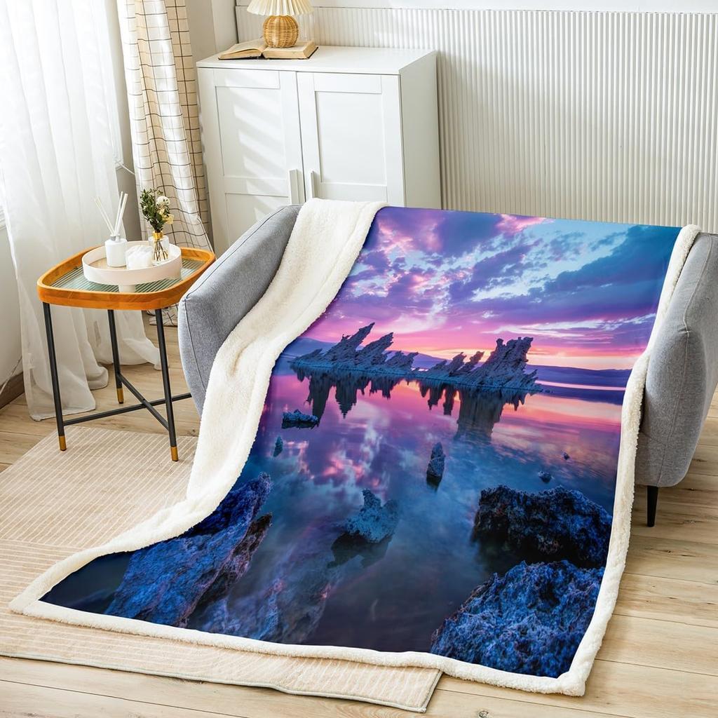 Mountain Sunset Landscape Blanket Soft Sherpa Throw Nature Art Decor Cozy Living Room Sofa Bedding Home Decoration