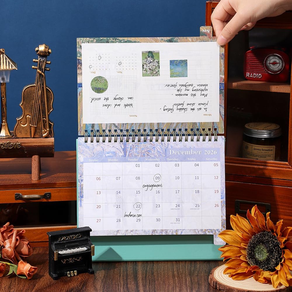 2026 Calendar Desktop Calendar - Vintage oil painting style art flip calendar with month labels and clear date display, suitable for office