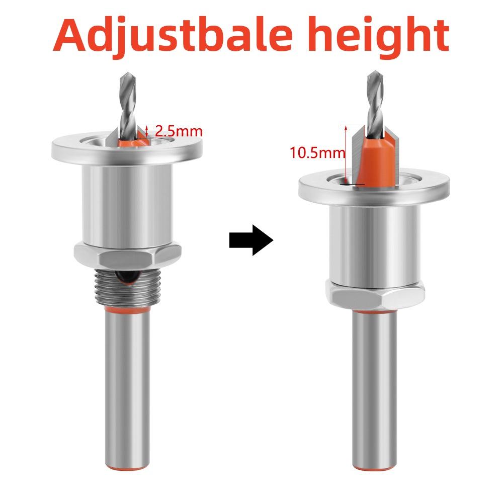 ALLSOME 8/10mm Round Shank Drill Bit Set Adjustable Countersink 2.8-4mm Cone Drill Counterbore Router Drill Bit with Limit Stop
