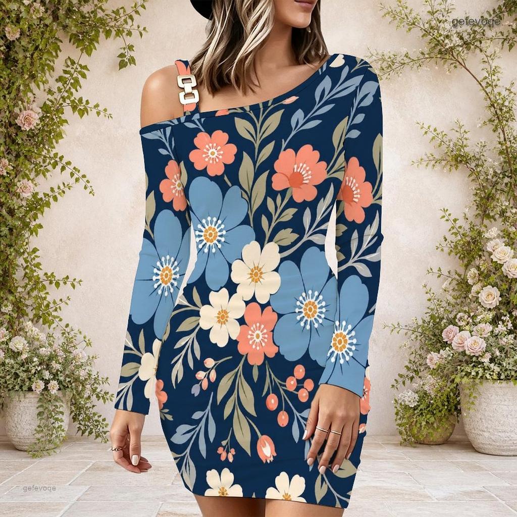 Ladies Plus Size One Side Off Shoulder Long Sleeve Dress