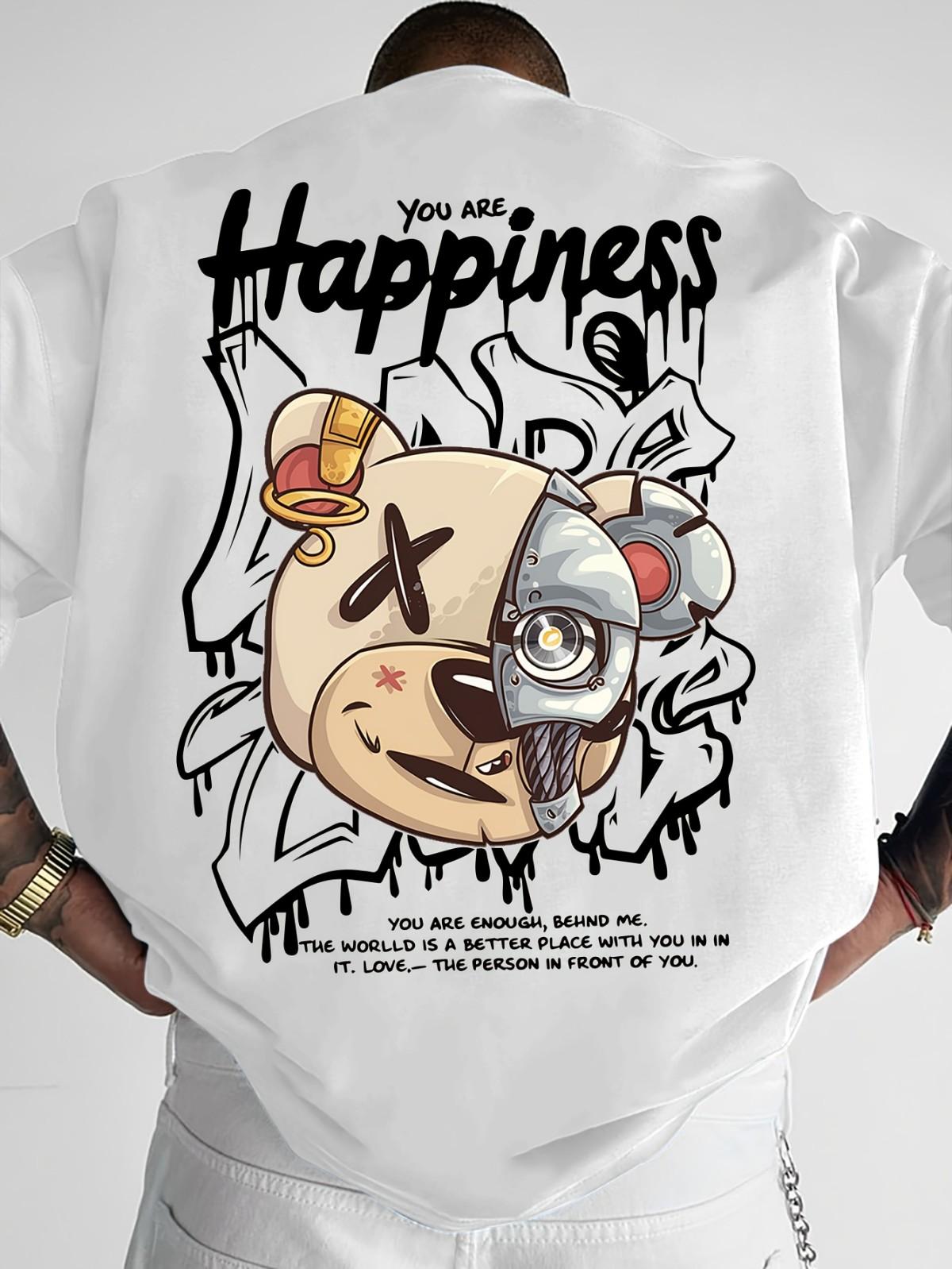

2026 New Mens Personalized Graffiti Bear Letter Printed Breathable and Comfortable Round Neck Tshirt Outdoor High Street Top S