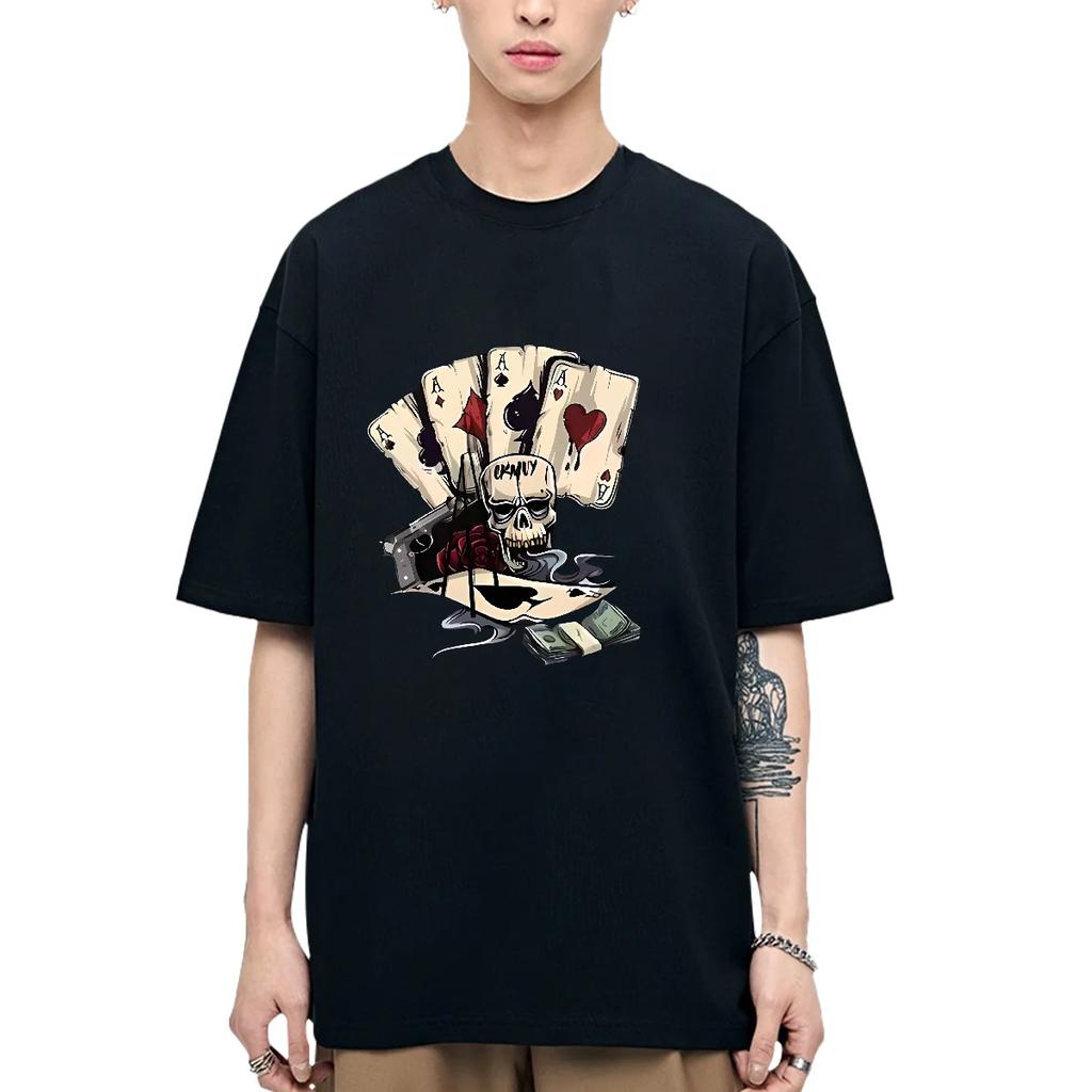 Camiseta con Estampado de Carta de Póker Calavera Camiseta Urbana Transpirable Oversize Tops para Hombre 2024 Moda Hip Hop Casual Manga Corta Nuevo