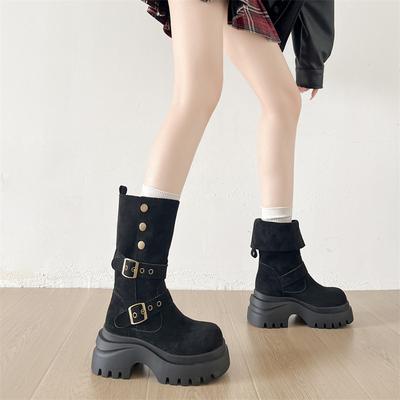 Braune Retro-Stiefel mit dicker Sohle und dickem Absatz, erhöhte mittelhohe Stiefel, Kinder-Sommer 2025, neu, vielseitig für Röcke und schlankmachende Martin-Stiefel