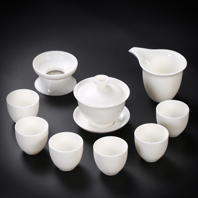 

Dehua white porcelain suet jade porcelain decal gold-painted 10-head tea set gift box