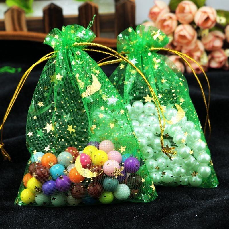 50pcs/Lot 7x9 9x12 10x15 13x18cm Printing Star Moon Christmas Organza Sack Drawstring Charm Packaging Bags Daily Jewelry