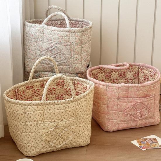 Boho Fabric Laundry Basket Floral Print Quilted Storage Basket Portable Folding Basket Bag with Handles for Home Clothes And Sundries