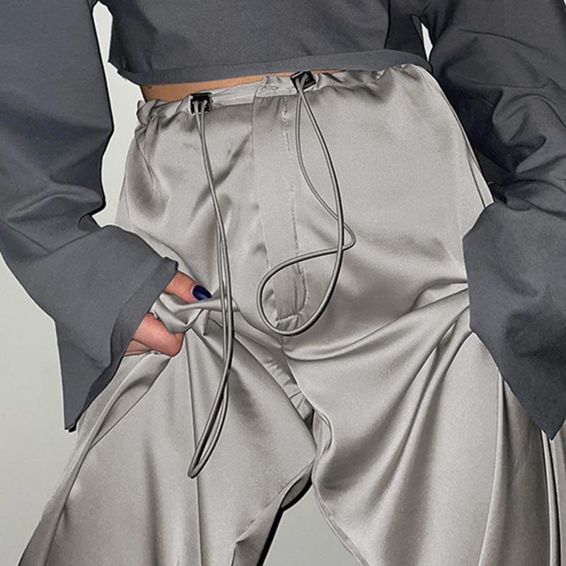 European and American Solid Color Vertical Feeling Floor Dragging Satin Trendy Loose Casual Pants