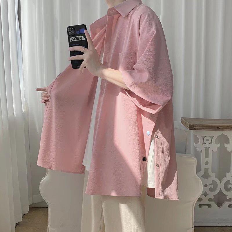 Men s Summer Thin Button Folded Shirt, Youth Short Sleeved Ice Silk Loose Casual Shirt XS