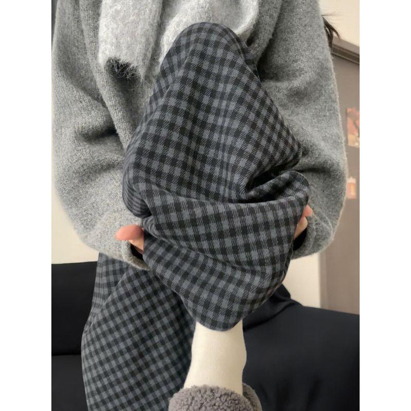 

and Gray Plaid Pants for Women, New Spring Style for Plus-Size Girls, Pear-Shaped Body, High-Waisted, Loose-Fitting, Slimming Wide-Leg Casual Pants Black Gray S