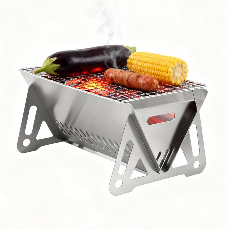 Portable Stainless Steel Folding Outdoor Stove & Grill Set: Skewers, Fire Pit, Barbecue Pan, Wood Camping Supplies.
