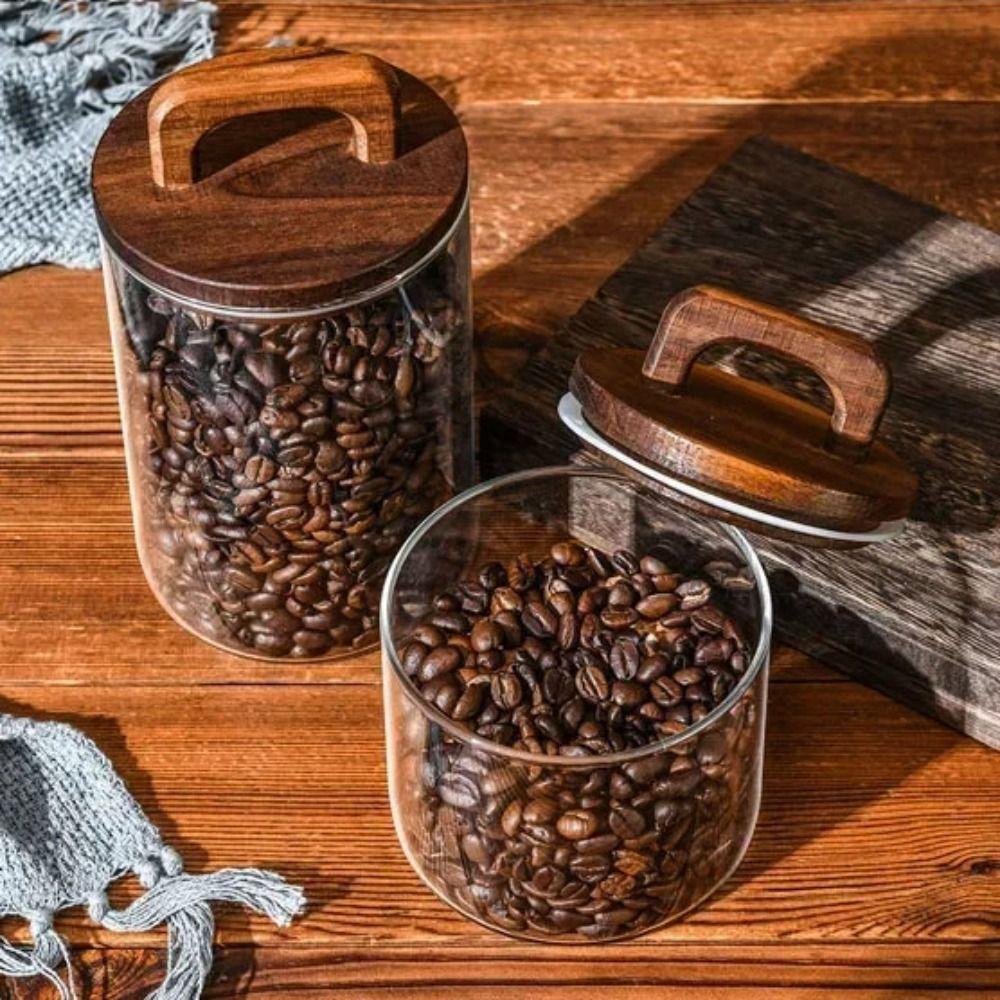 Wood Handle Glass Storage Jar Wood Lid Airtight Container Vacuum Sealed Jar  Coffee Bean Storage