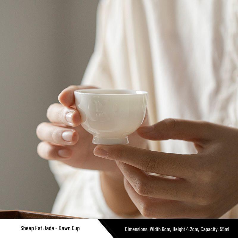 Premium Mutton Fat Jade Ceramic Gongfu Tea Set - Aroma Tasting Cup with Coaster, Customizable for Guests