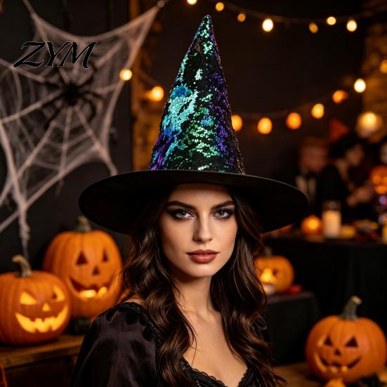 Sparkly Sequin Witch Hat Reversible Hat, Glitter Large Wizard Unique Costume Halloween Party for Cosplay, Masquerade Color Changing