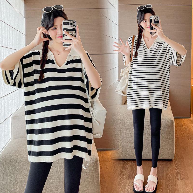 Korean Style Maternity Striped Casual Top - Plus Size, Loose, Slimming, Stylish & Age-Reducing