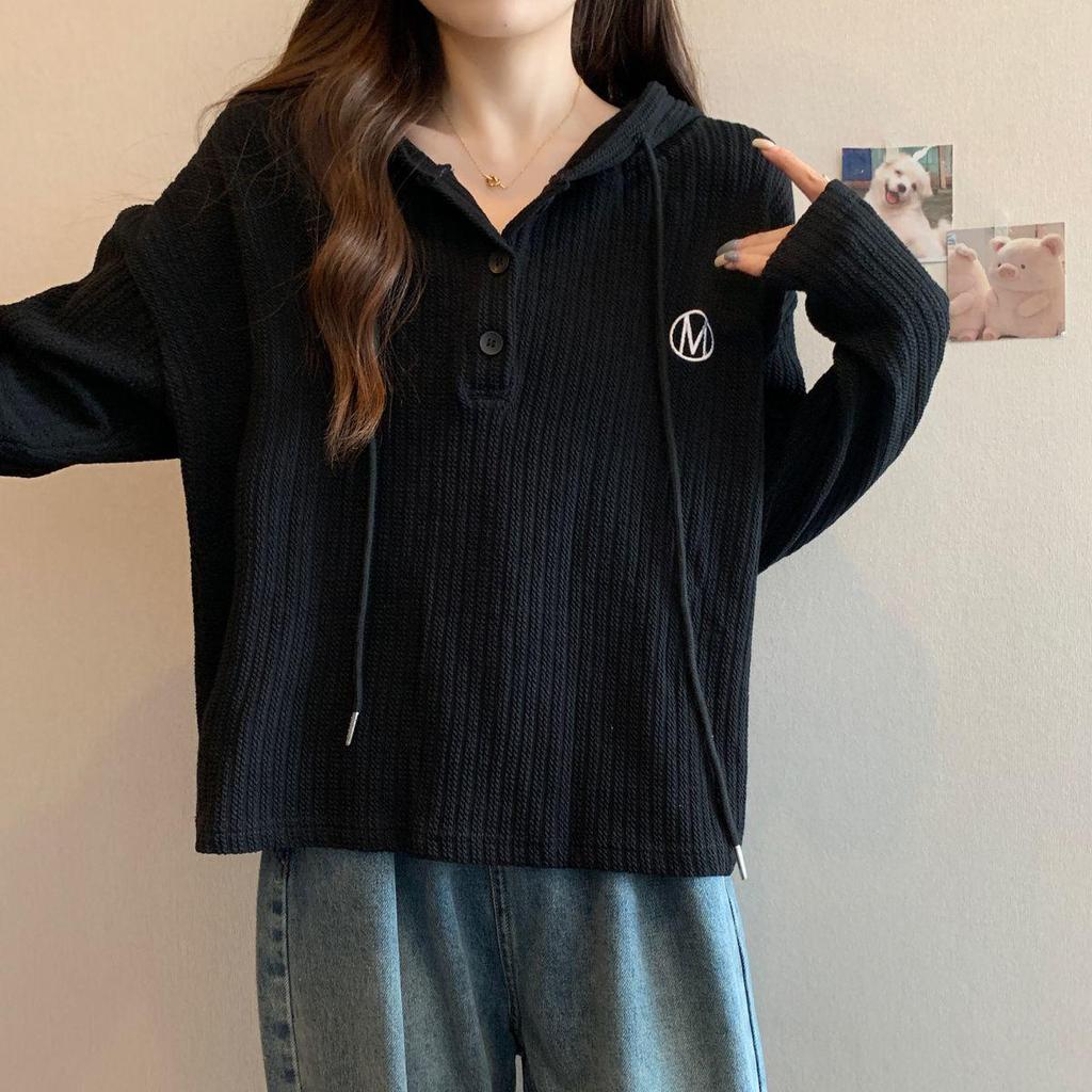 Plus Size Women's Hooded Button Long Sleeve T-shirt - 2025 Korean Style Slimming Top for Spring/Autumn