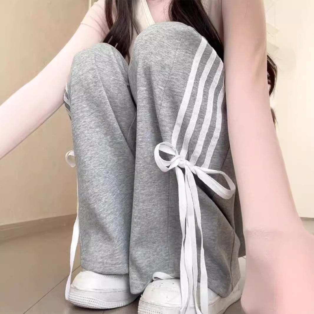 

Прямые повседневные брюки для женщин, свободные спортивные брюки с бантами на раннюю весну, черные брюки в пол, широкие брюки 2XL серый